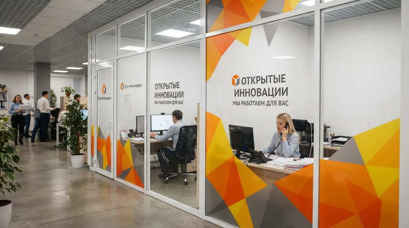Команда работает в офисе с прозрачными офисными перегородками