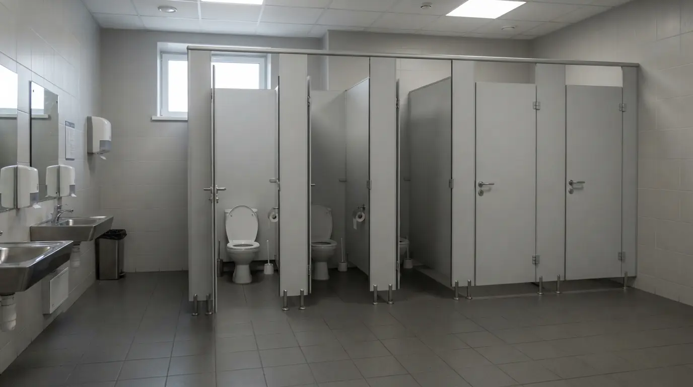 Интерьер санузла без посетителей со стеклянными перегородками