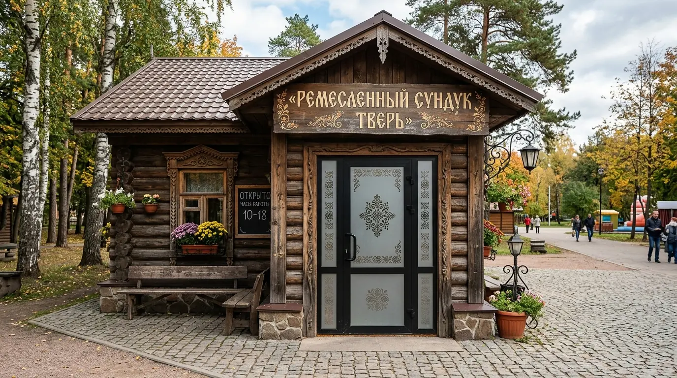 Фасад павильона ремесленных изделий со стеклянным входом